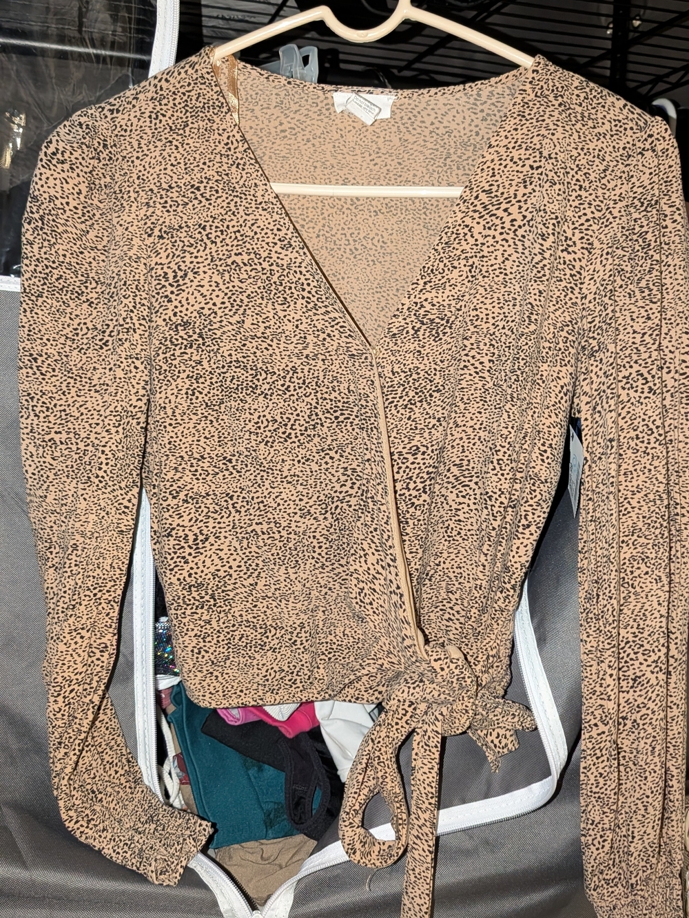 Wrap Front Leopard Print Long-Sleeve Top - Tan